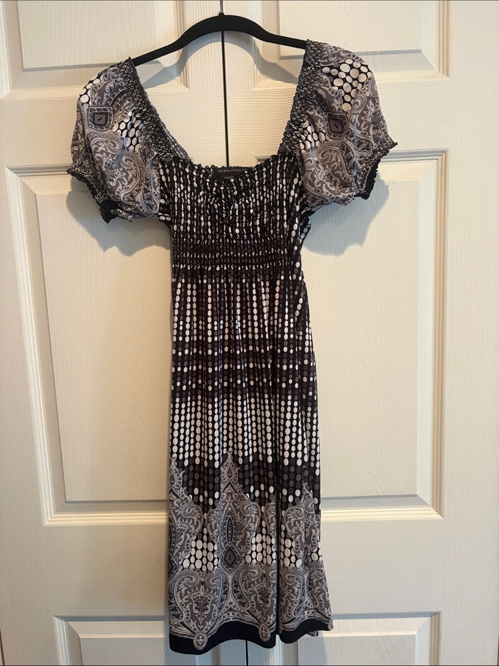 BCBGMaxAzria Black and White Paisley Empire Waist Midi Dress, Small
